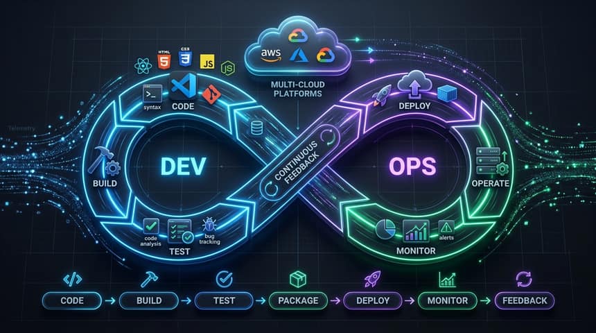 A figure-of-eight loop joining two halves. The left half, Dev, runs through code, build and test. The right half, Ops, runs through deploy, operate and monitor. Continuous feedback passes between them at the crossing point, a cloud above the loop carries the Amazon Web Services, Google Cloud and Microsoft Azure marks, and a strip along the bottom lists the same work as a sequence: code, build, test, package, deploy, monitor, feedback.